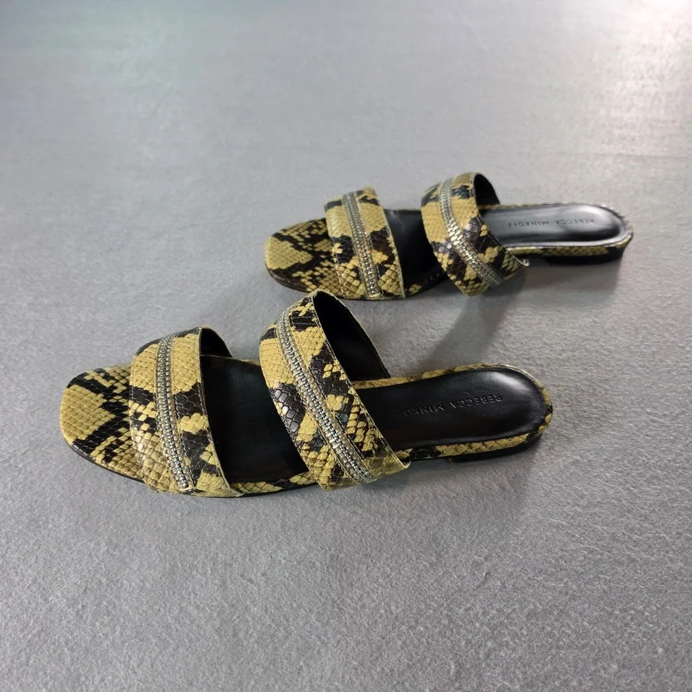 Rebecca Minkoff Snakeskin Embossed Leather Zipper Trim Slide Sandals Yellow 8.5M